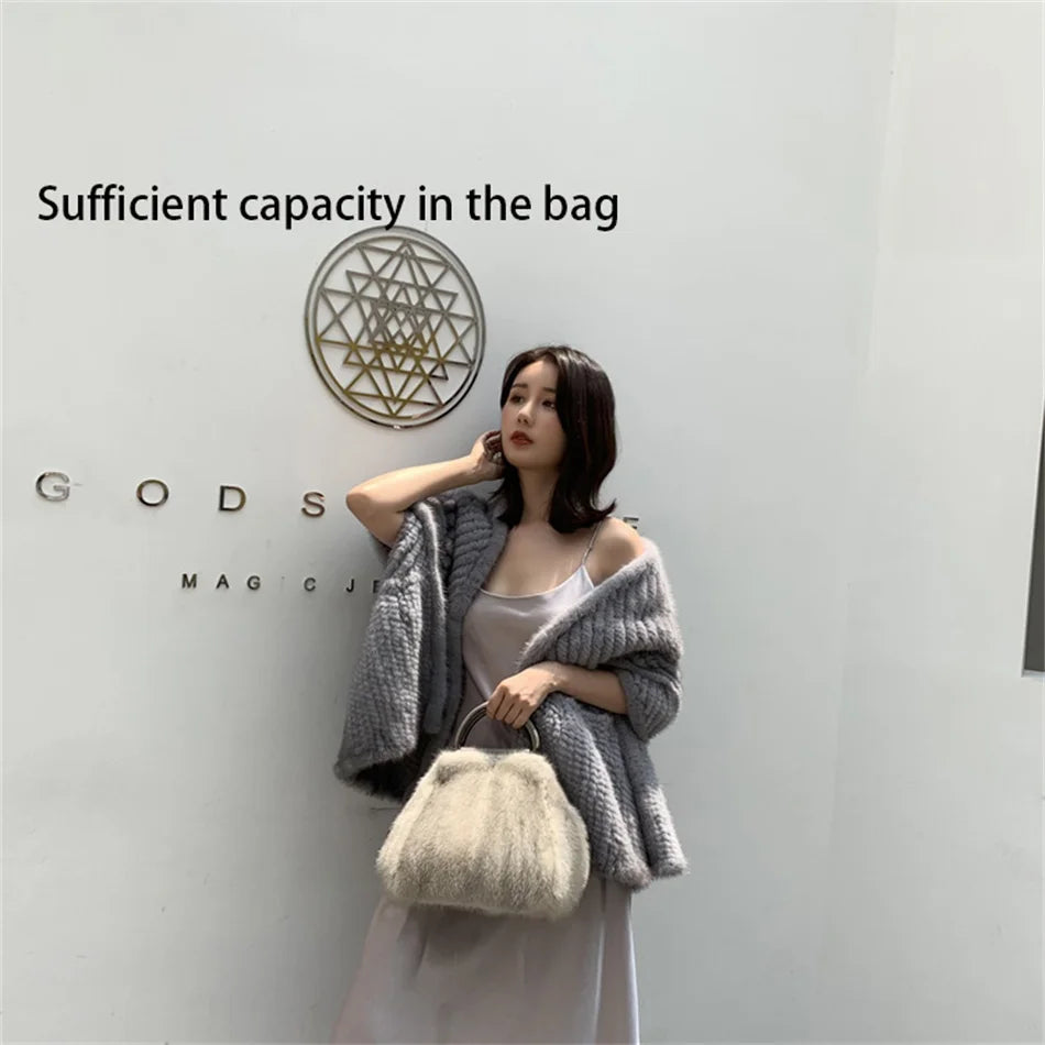 Women's Mink Fur Handbag 2026 New Fashion Designer Fluffy Fur Wrist Bag Large Capacity Soft Shopping Bag Girl Cute Handbag