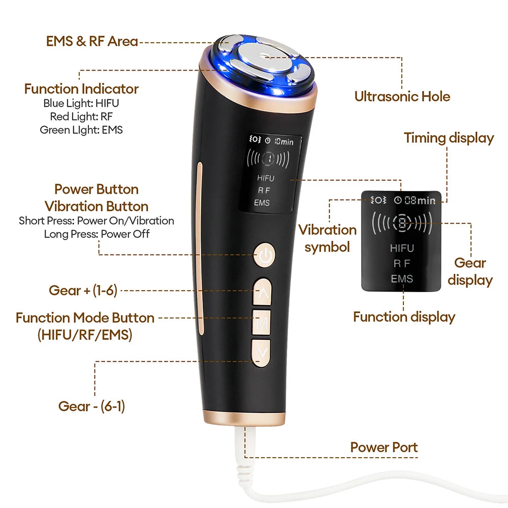 Black handheld mini HIFU device with gold trim, LED display, blue light treatment head, and labeled control buttons.