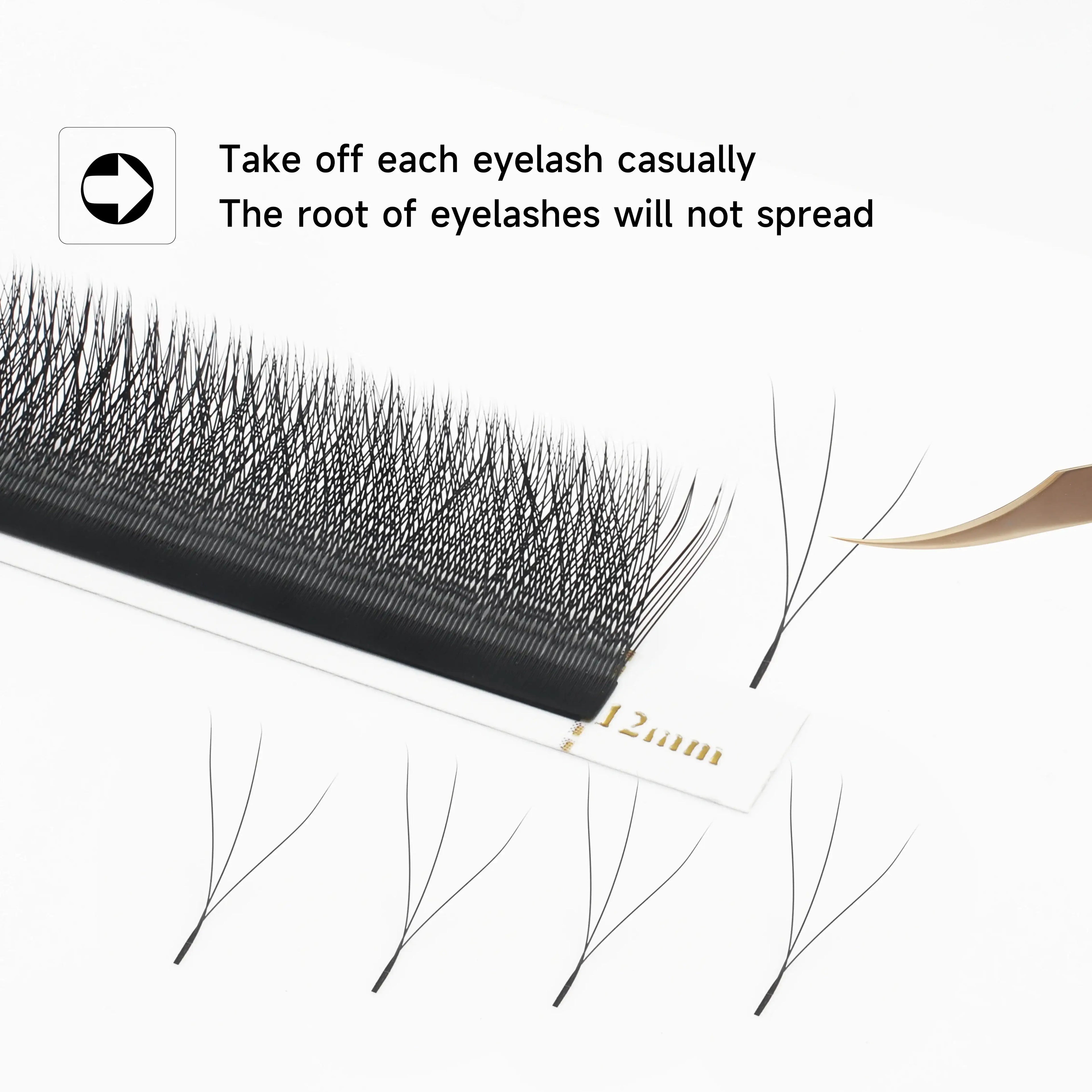 12mm black premade volume eyelash extensions on a tray, shown with tweezers for professional lash application.