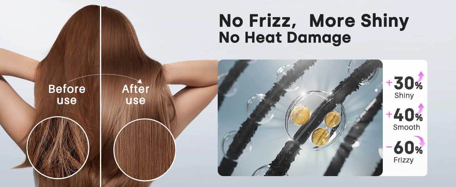 High-speed ionic hair dryer results: 60% less frizz and 40% smoother hair for a professional, shiny finish.