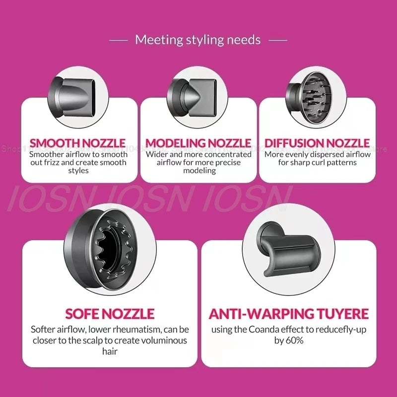 Professional grey hair dryer nozzle attachments for frizz, curls, and styling. Includes diffuser and flyaway tool.
