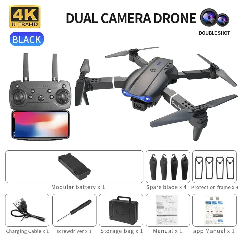 Black foldable dual-camera 4K drone with remote control, battery, spare blades, and carrying case for aerial
