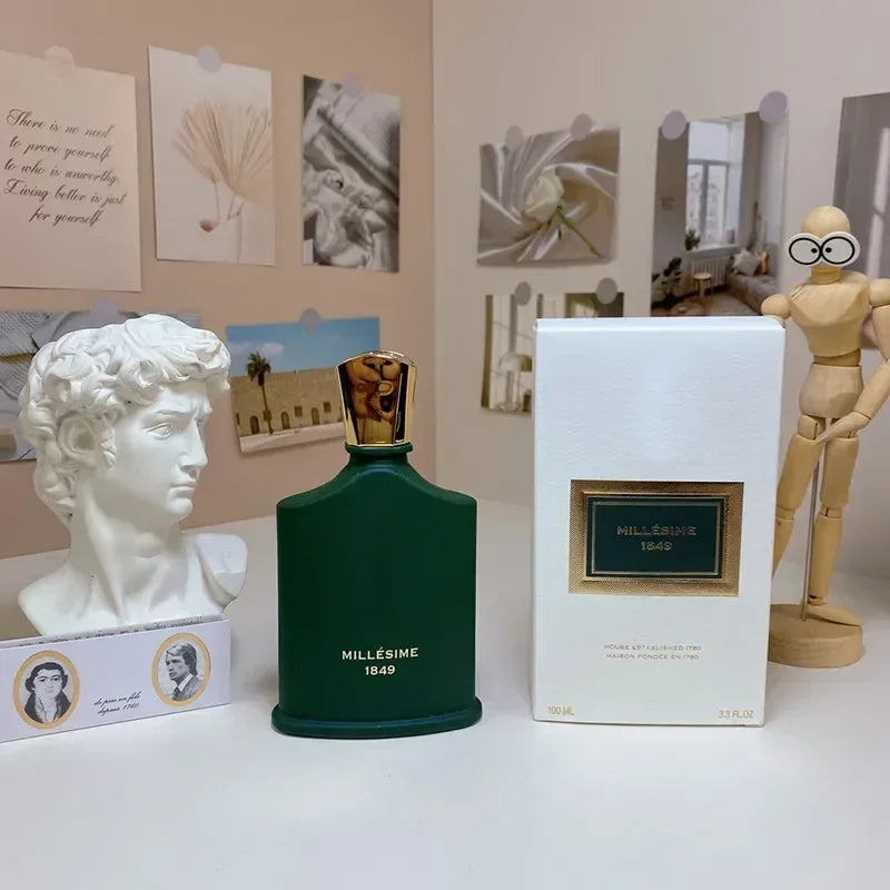 Millésime 1849 unisex Eau de Parfum: green matte bottle with gold cap, luxury niche fragrance spray for men and women.