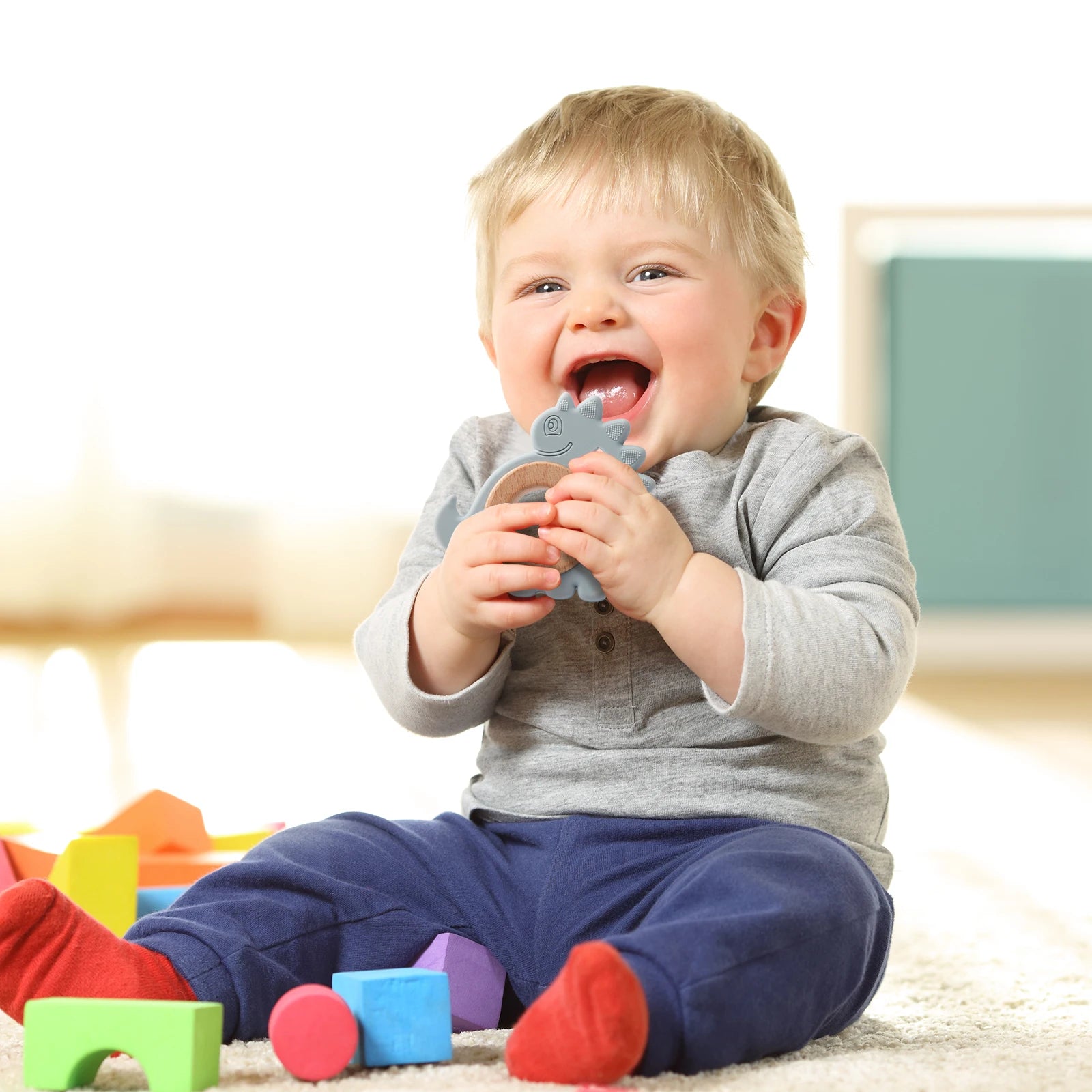 Baby Silicone Teether Toys,Perfect for Teething Toys 0-3-6 Months and Shower Gifts, BPA-Free, Ergonomic Dinosaur Wood Design.