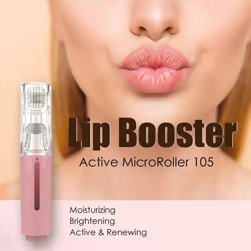 Pink titanium micro-needle derma roller with serum applicator, featured next to a woman puckering her lips.