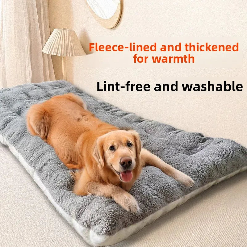 Extra large gray plush dog bed for winter warmth. Thick, soft, washable polyester pet mat for large dogs.