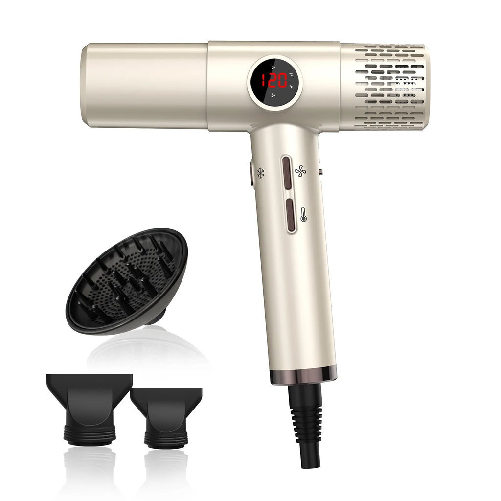 TINSOL champagne high-speed ionic hair dryer with digital display, diffuser, and two nozzles for professional styling.