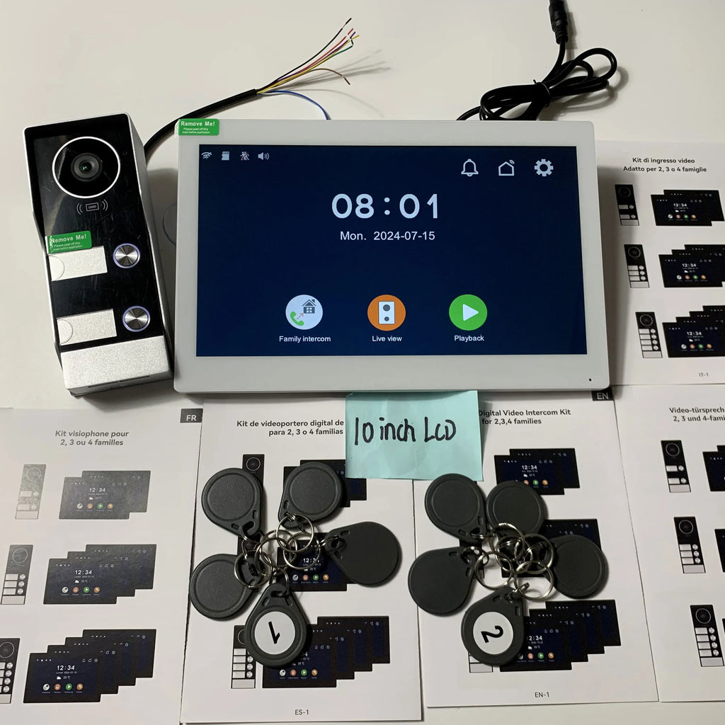 White touchscreen video door intercom monitor with black door station and key fob set