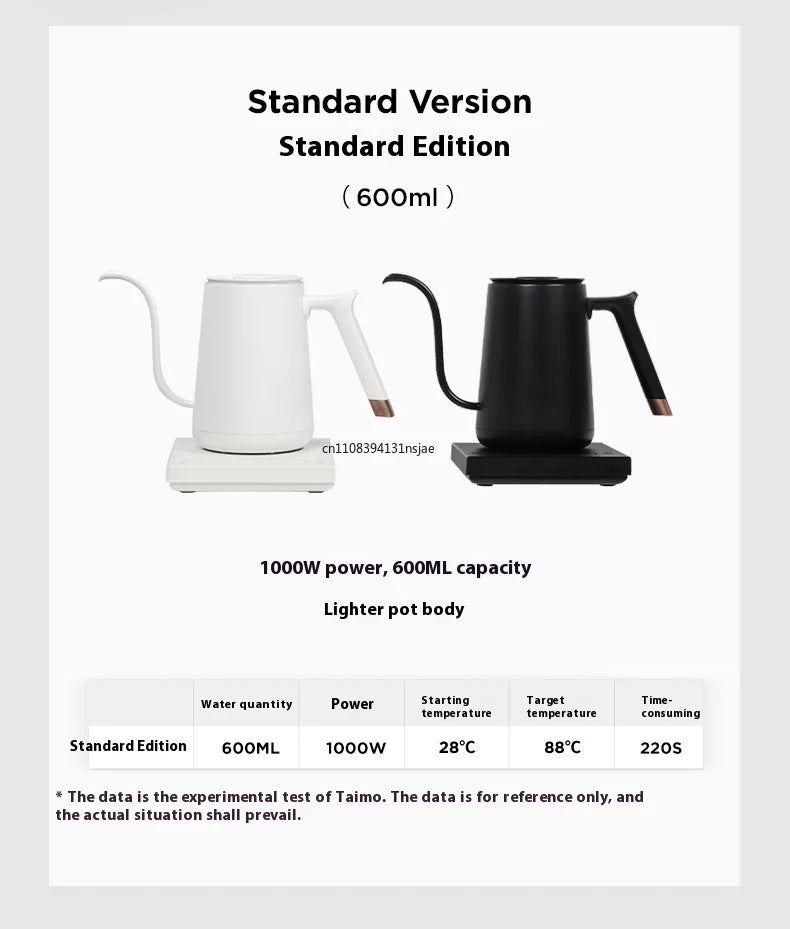 Taimo standard edition 600ml electric gooseneck kettle in white and black with 1000W base for coffee and tea brewing.