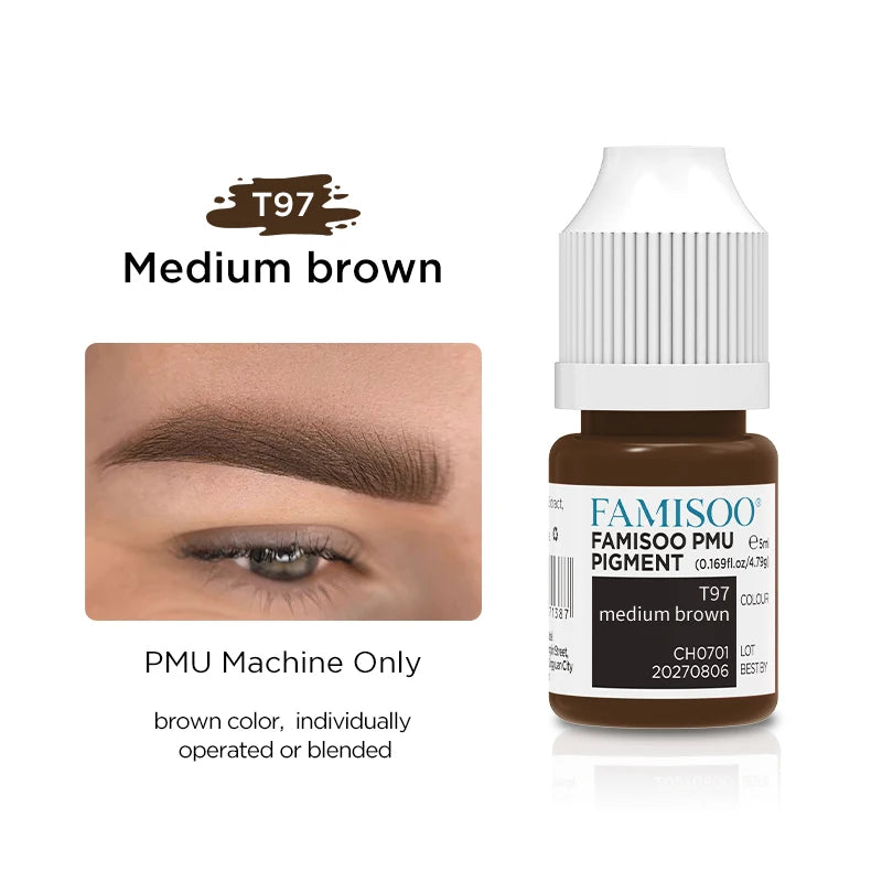 5ml bottle of medium brown PMU pigment for eyebrow tattooing, shown with a sample of the healed color on skin.