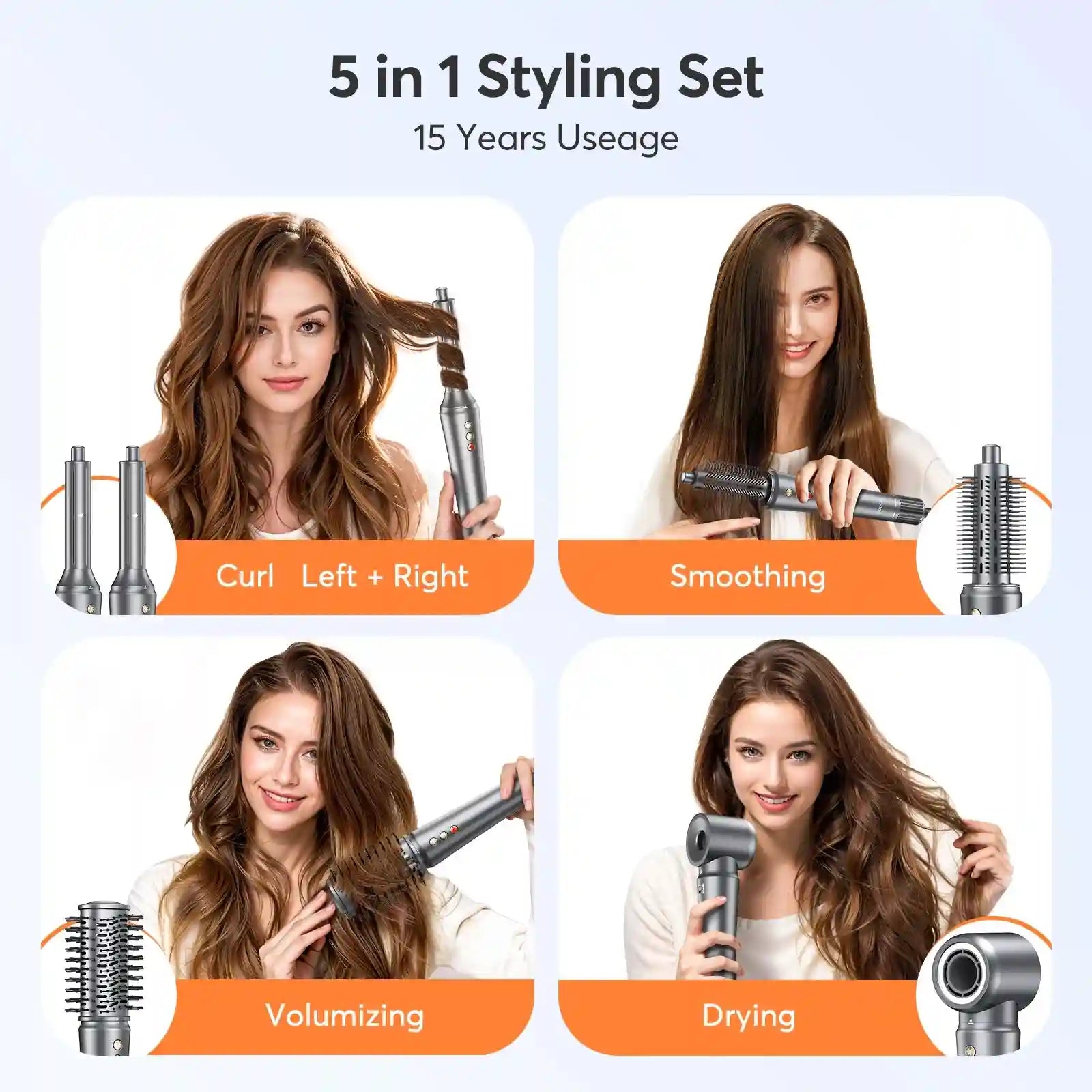 Bopcal 5-in-1 grey hair dryer styling set with curl, smoothing, volumizing, and drying attachments for versatile looks.