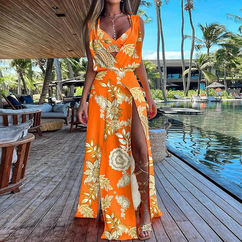 New Sexy Sets Women Summer Beach Style Printed Hollow Out Party Dress Outfit Deep V-Neck Bra Split Dress 2PCS Suits Dropshipping