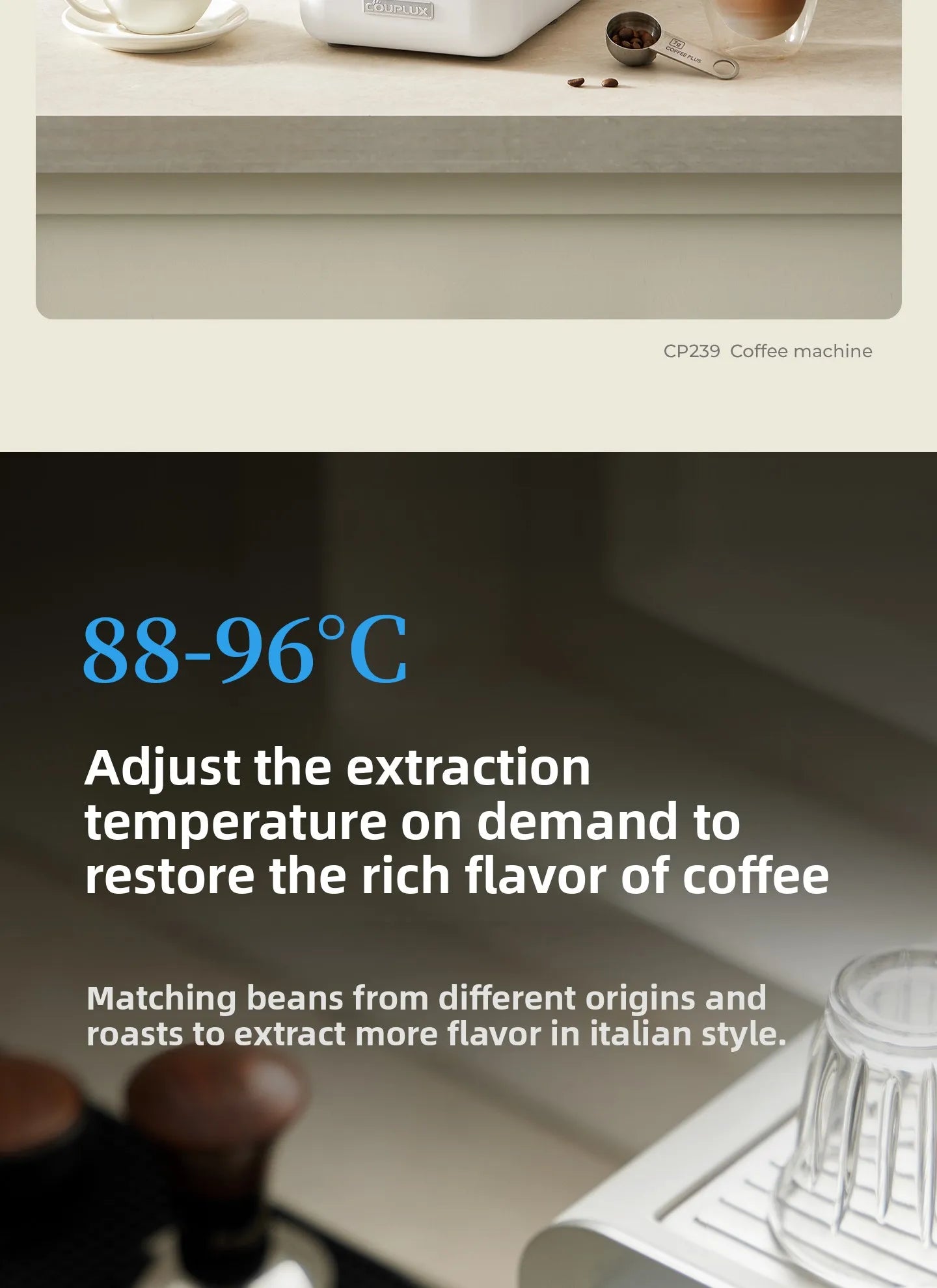 Couplux CP239 white coffee machine featuring adjustable temperature settings for optimal extraction and rich flavor.