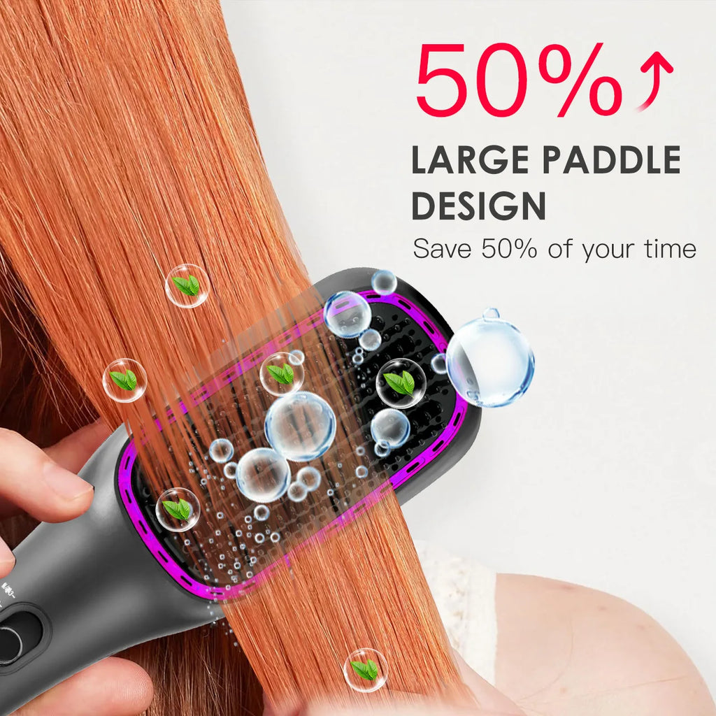 Hatteker black hot air styling brush with large paddle for fast hair straightening and curly styling with anion tech.
