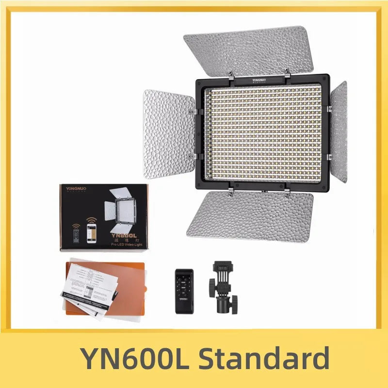 YN600L LED video light panel with silver textured barn doors, remote control, mounting bracket, and color filters.