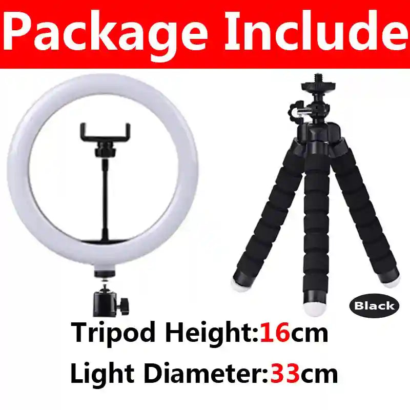 33cm ring light with phone mount and 16cm flexible black foam tripod for photography and video streaming.