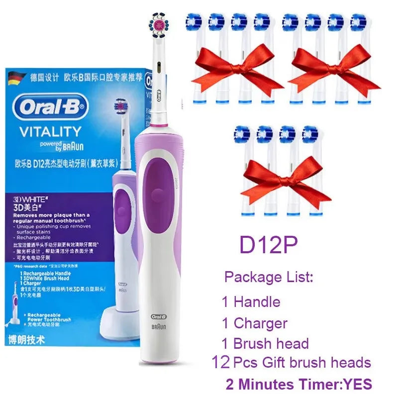 Oral-B Vitality electric toothbrush packaging with purple handle, charger, and 12 gift brush heads