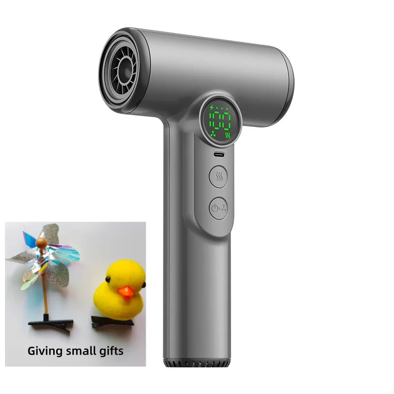 Grey cordless high-speed hair dryer with LED display, hot/cold settings, and cute bonus hair clips for travel.