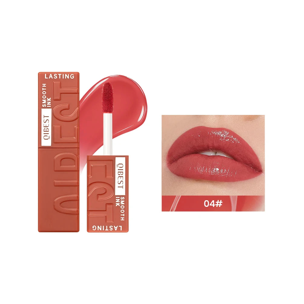 QIBEST 04# watery lip glaze, moisturizing mirror-finish liquid lipstick with a glossy, long-lasting rose-toned tint.