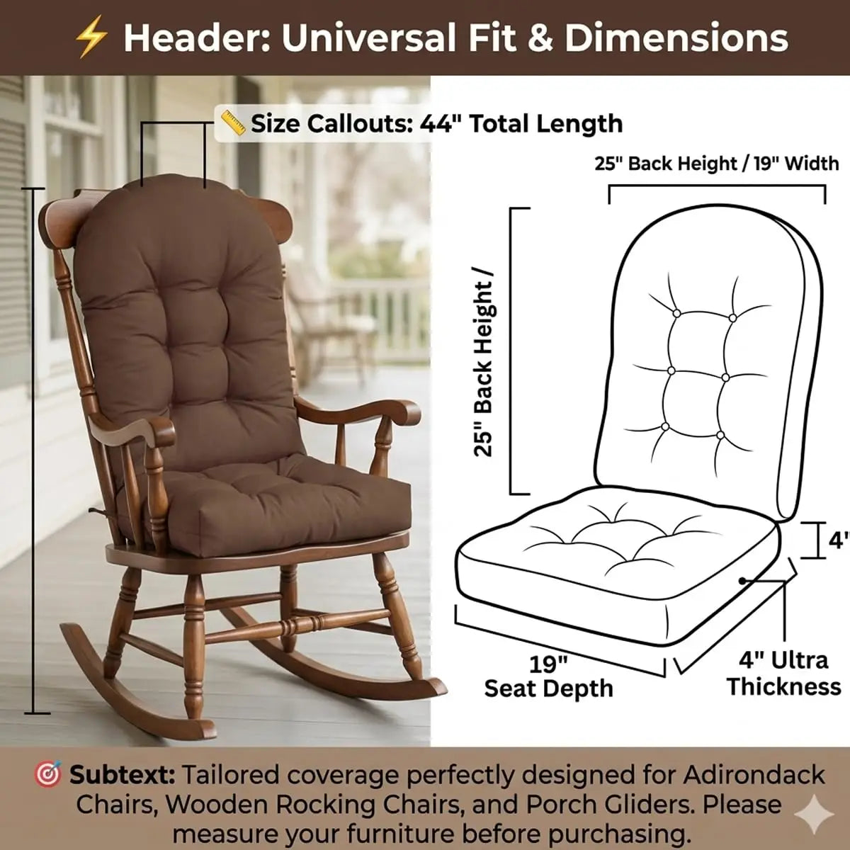 Rocking Chair Cushions, Indoor Outdoor Chair Cushion, Waterproof Fade Resistant High Back Patio Chair Pad with Non Slip Tufted