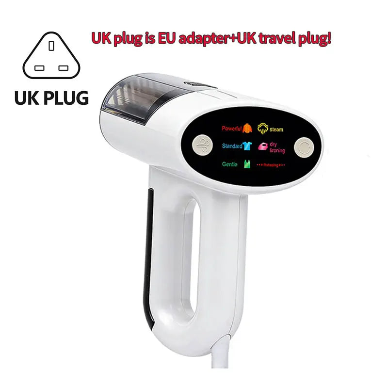 Handheld garment steamer with UK plug, white body and black vented nozzle