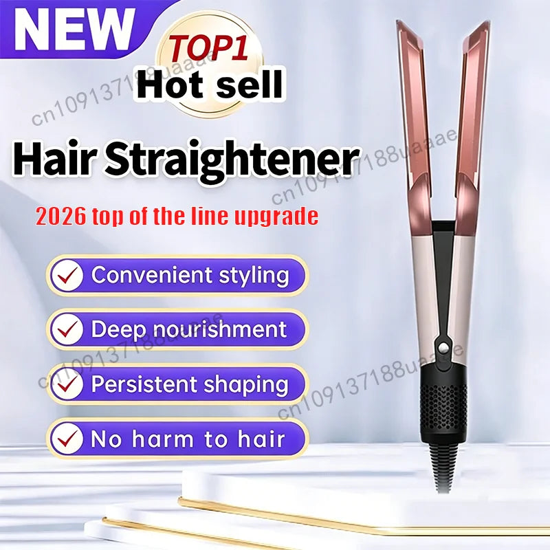 Rose gold 2-in-1 negative ion hair straightener and dryer styling tool for professional salon-quality hair results.