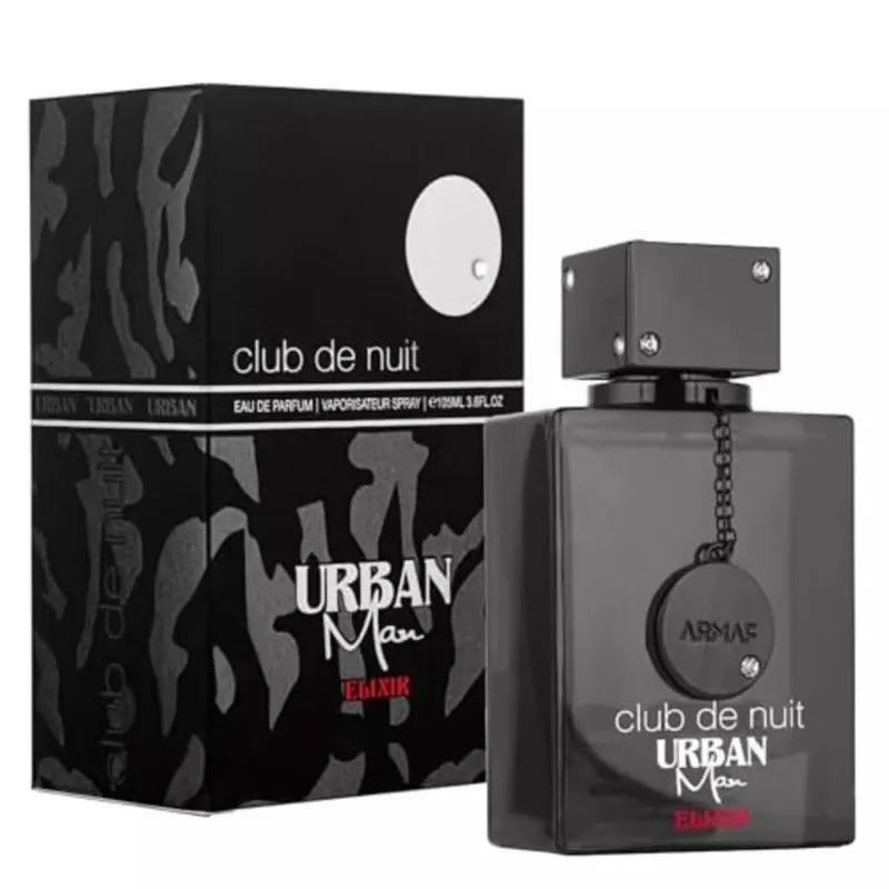 Armaf Club de Nuit Urban Man Elixir EDP 105ml: Square black glass bottle, masculine cologne, seductive night fragrance.