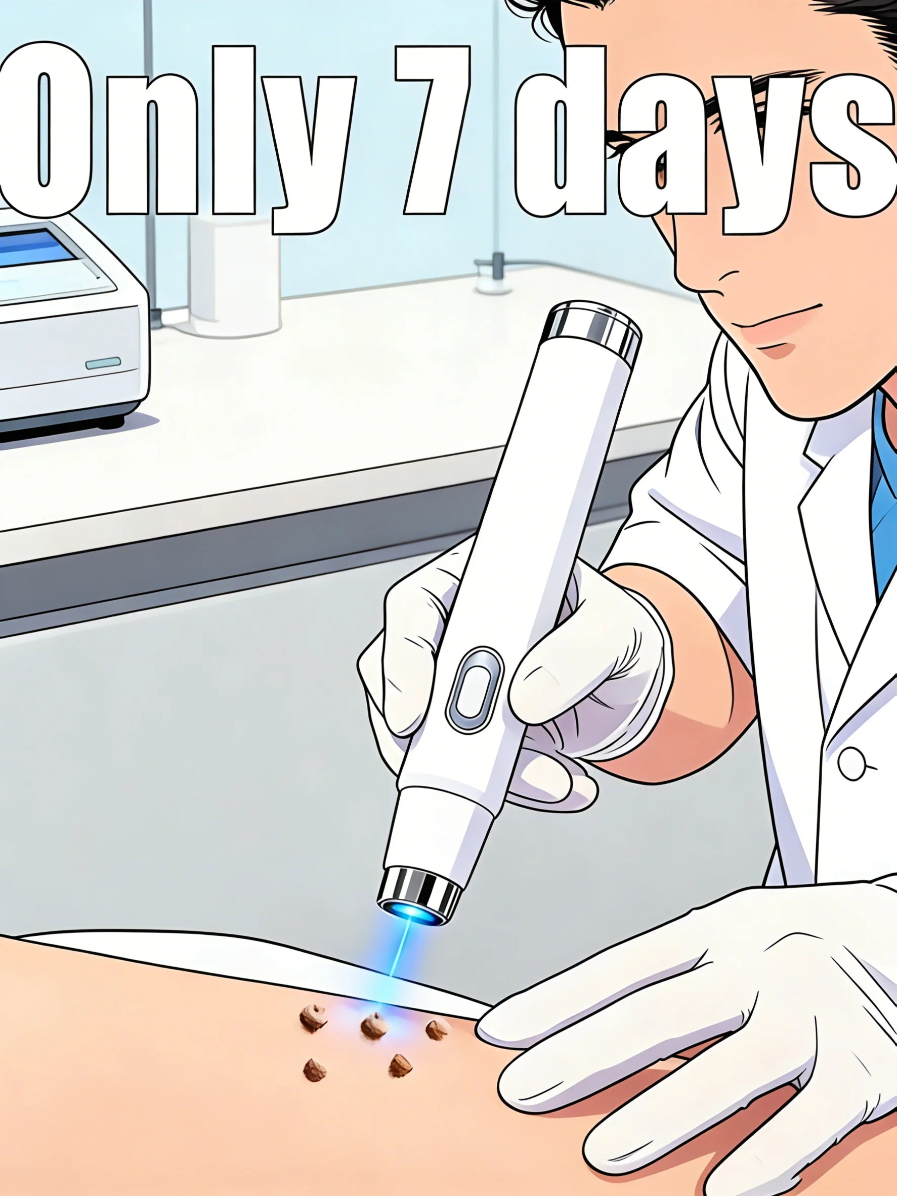 A doctor in gloves uses a slim, white handheld blue light device to treat skin tags on a patient.