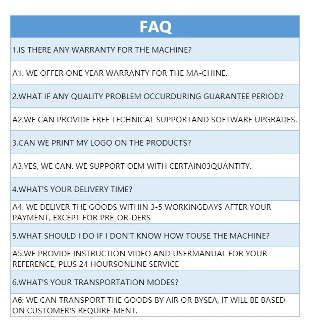 FAQ list for smart facial skin detection and analysis beauty instrument, detailing warranty, OEM and support services.