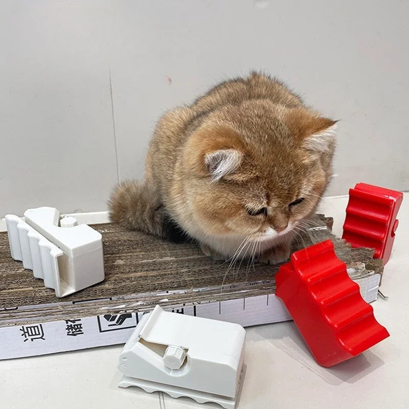3-in-1 portable cat scratcher DIY tool, red and white plastic cutters, eco-friendly cardboard recycling for pet owners.