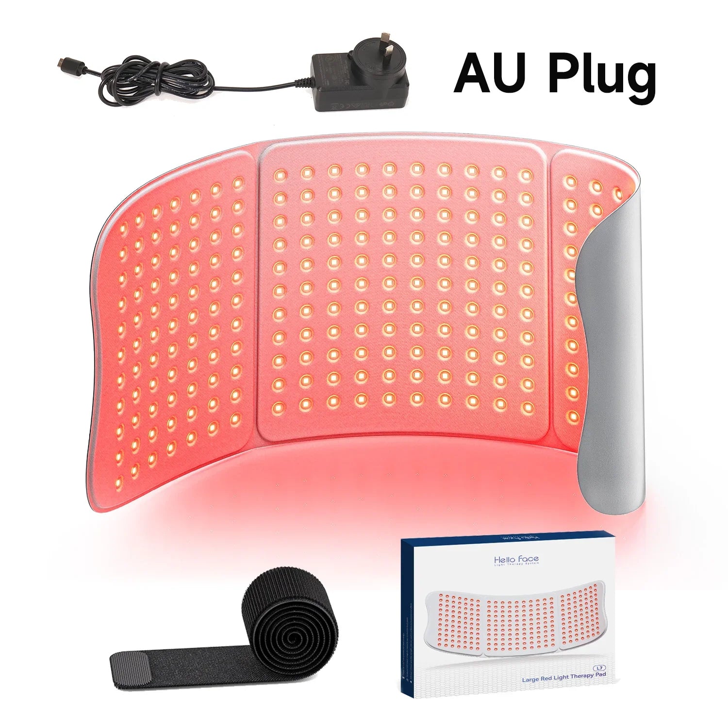 Large flexible red light therapy mat with 792 LEDs, AU power plug, velcro straps, and product packaging.