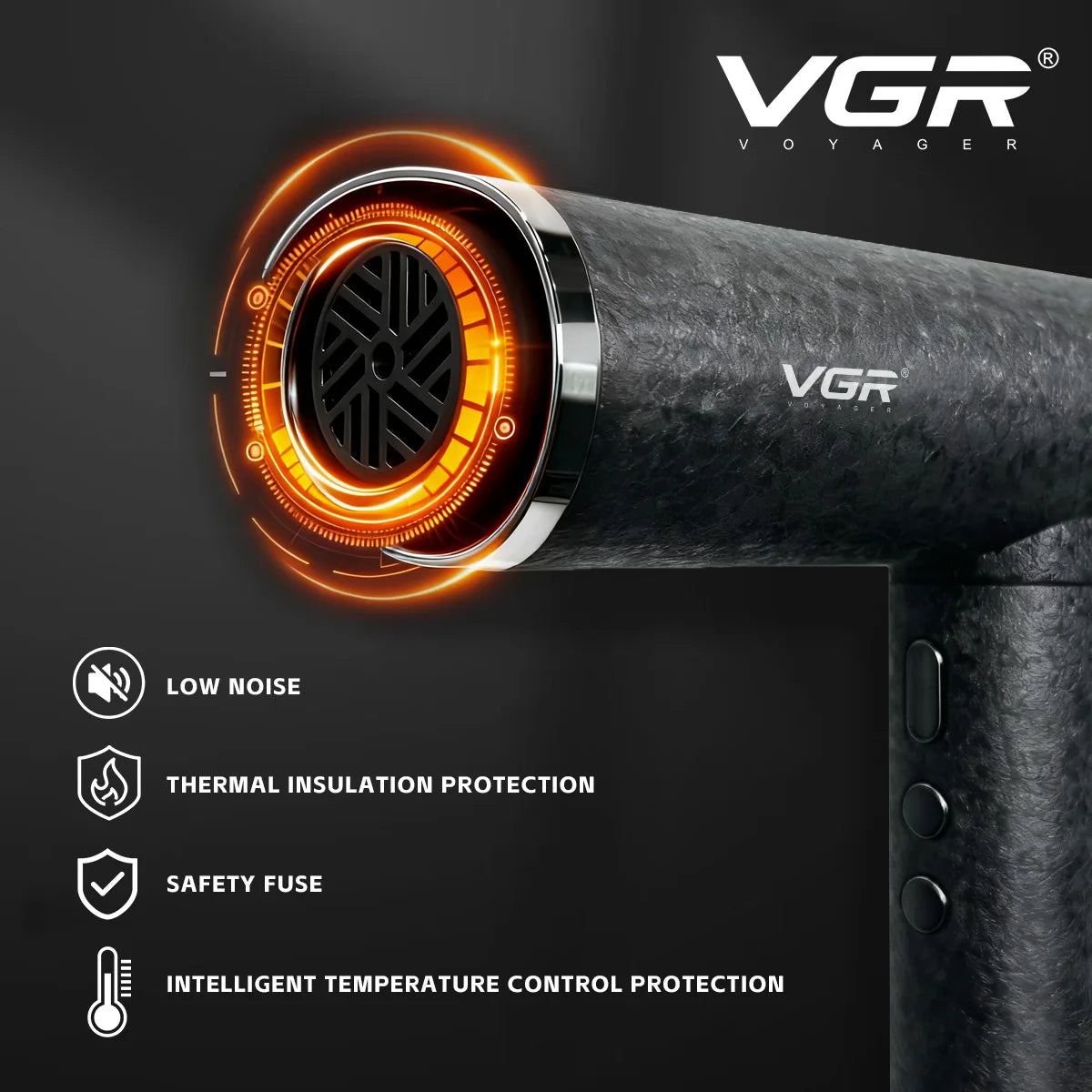 VGR V-401 professional black hair dryer with brushless motor, glowing LED heat ring, and advanced safety protection.