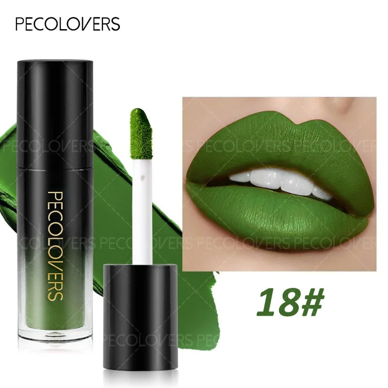 Long-lasting green matte liquid lipstick in black tube with applicator and swatch on lips for a bold, plump look.