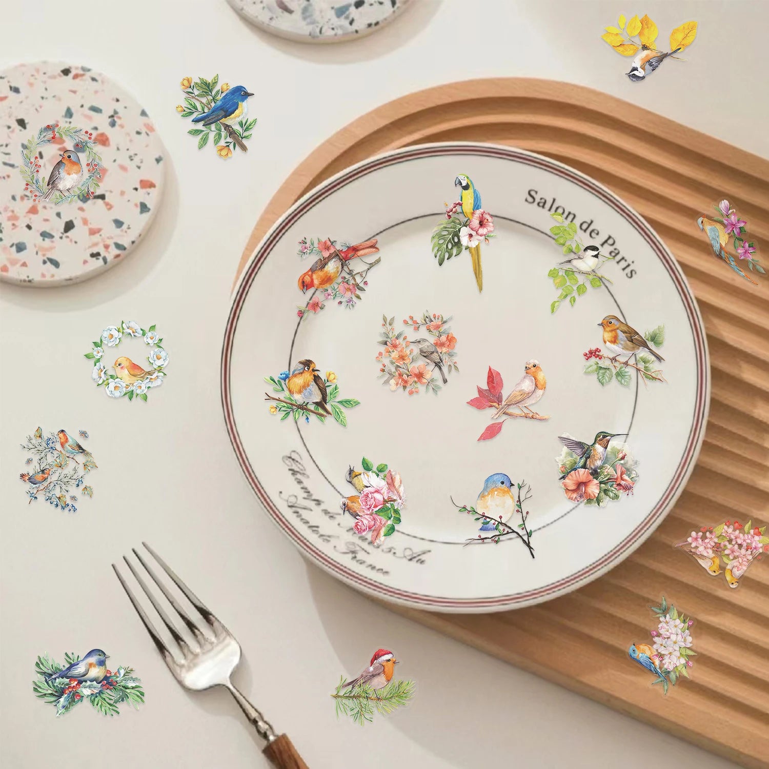 50pcs watercolor bird PET transparent stickers for DIY scrapbooking, journal decoration, and creative art projects.