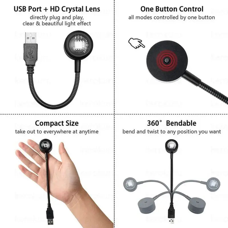 Portable USB-powered LED projector lamp with a flexible black neck, round crystal lens, and a single-button control.