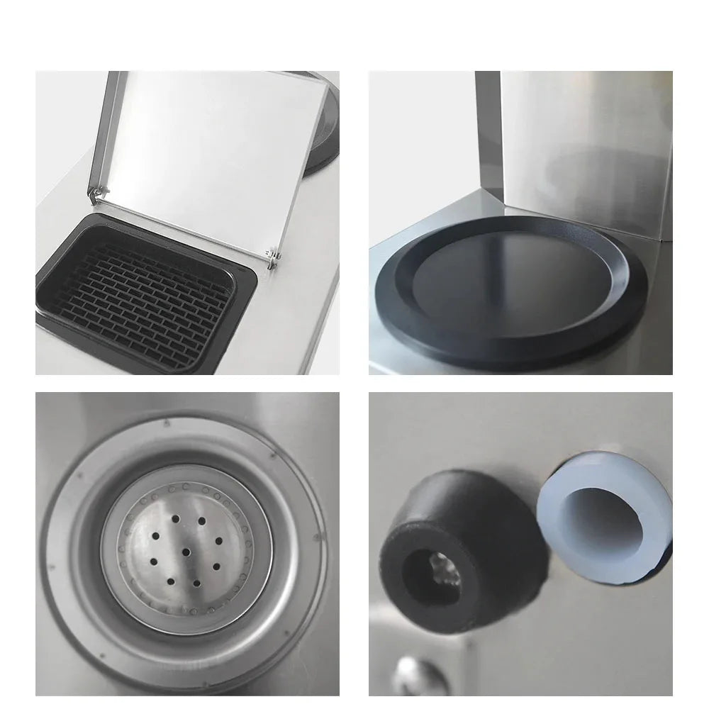 Commercial stainless steel tea or coffee maker showing drip tray, burner plate, water nozzle, and outlet components.