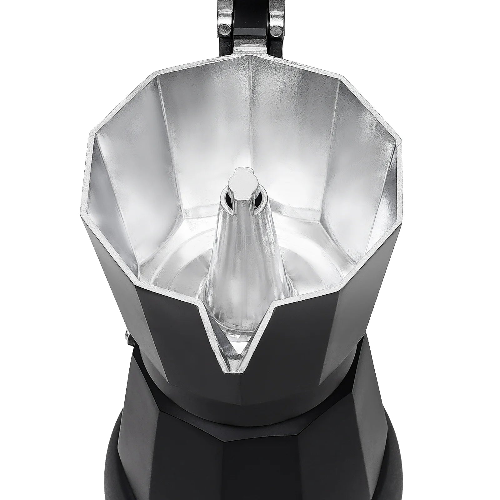 Open interior of a black and silver aluminum Bialetti style moka pot coffee maker.