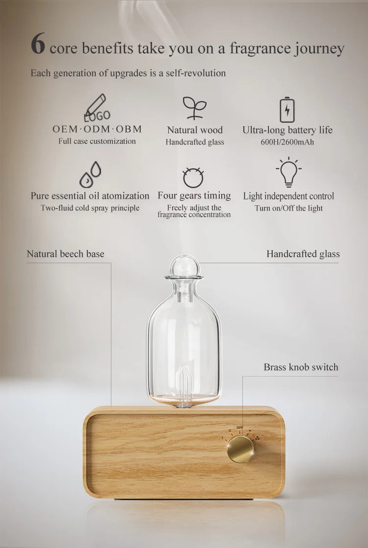 Essential Oil Diffuser Waterless Operated Aromatherapy Diffuser for Home Office Wood and Glass Aroma Diffuser Scent Machine