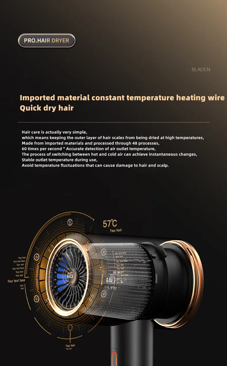 2400W high-speed black and gold hair dryer with negative ion tech and precision temp control for salon-quality drying.