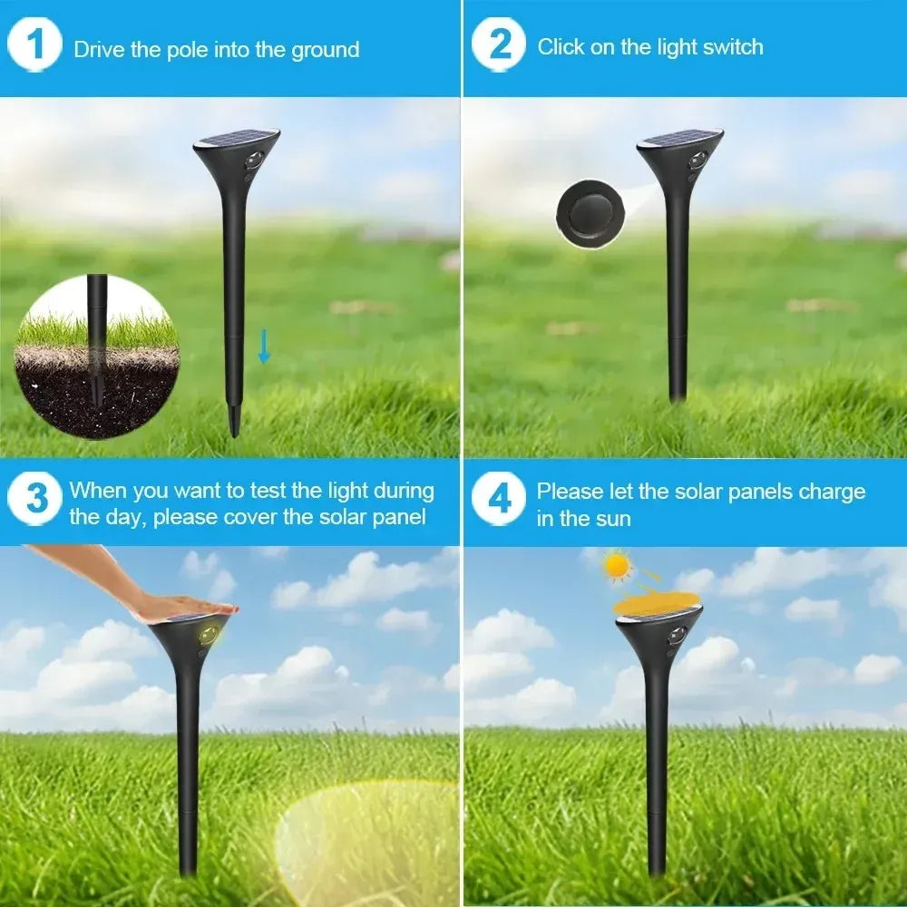 Four-step installation guide for a black LED solar landscape spotlight staked in grass.