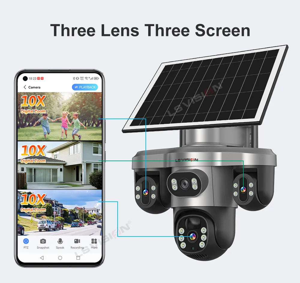 LS VISION 15MP 4G Wifi Solar Camera 3-Screen 10X Zoom PTZ 360°Rotatable PIR Human Detect CCTV Security Video IP Camara V380 Pro