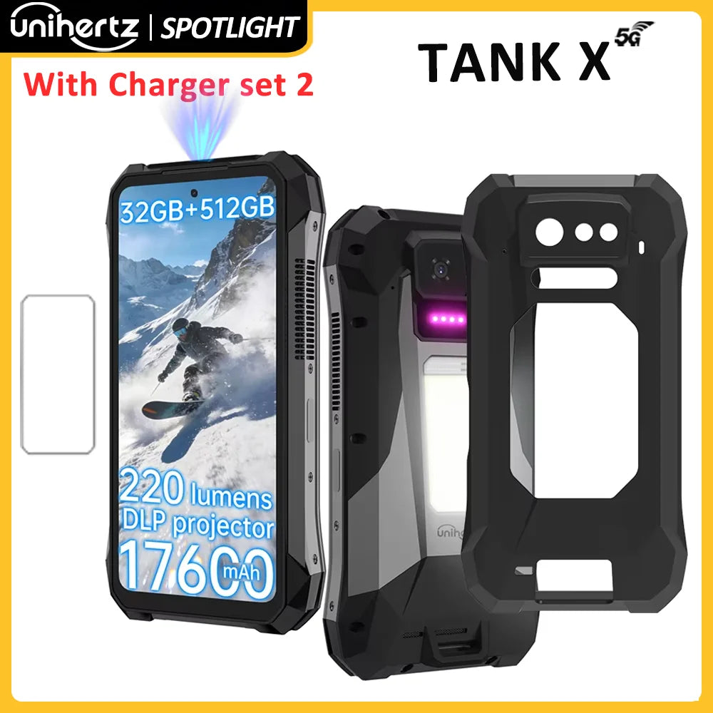 Unihertz TANK X 5G rugged smartphone, 32GB/512GB, 220 lumen projector, 17600mAh battery, front and back views, black.