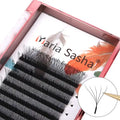 Black Maria Sasha 5D W-style volume eyelash extension tray with soft, natural fiber fans and tweezers.
