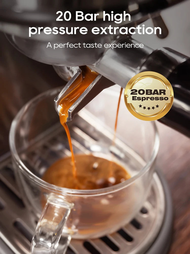 20-bar stainless steel espresso machine brewing fresh coffee into a clear glass cup.