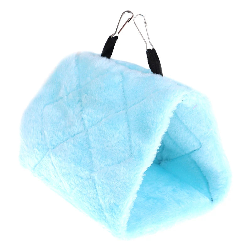 Soft blue plush hanging hammock for hamsters and birds. Warm, cozy bed for small pets in cage.