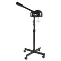 Black facial steamer on a rolling stand with an adjustable arm and clear water reservoir for spa or salon use.