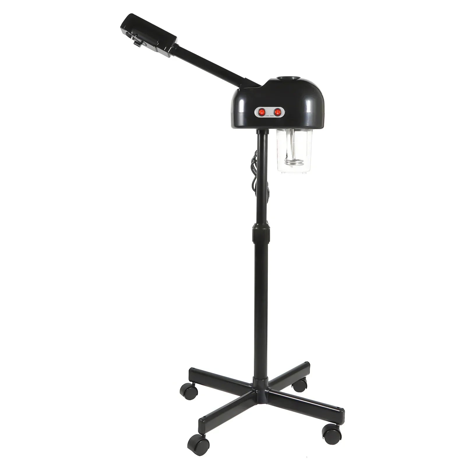 Black facial steamer on a rolling stand with an adjustable arm and clear water reservoir for spa or salon use.