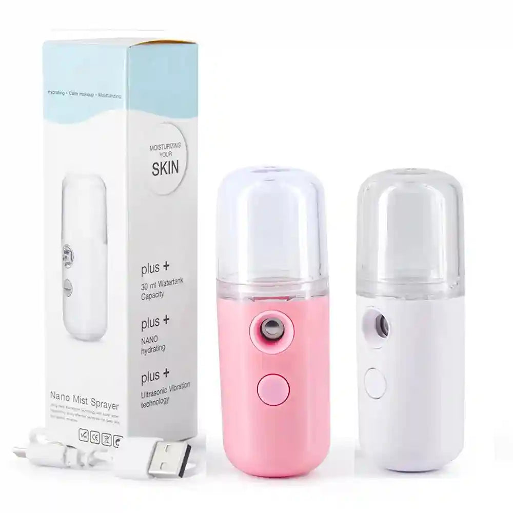 Portable USB nano facial mister sprayers in pink and white for skin hydration, makeup setting, and eyelash care.