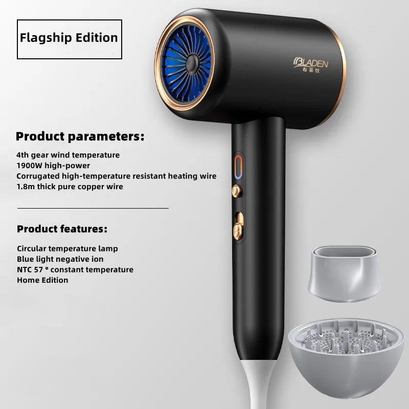 Black professional high-speed hair dryer with blue light negative ion technology, diffuser attachment, and gold accents.