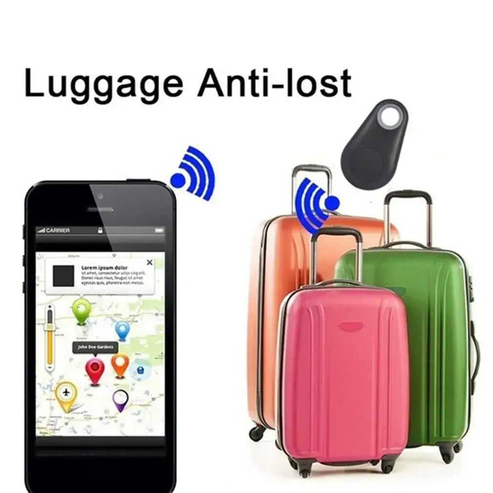 Black wireless mini GPS tracker for luggage, pets, and bags. Bluetooth app locator for real-time anti-lost tracking.